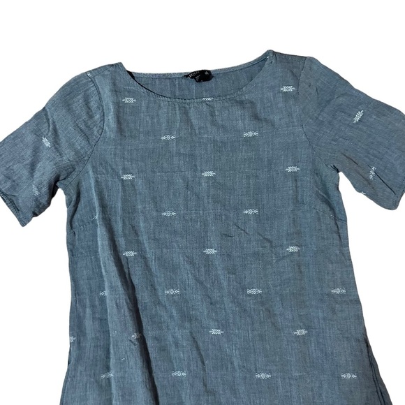 EILEEN FISHER Denim Blue Cotton Nomadic Stripe A-Line Boat Neck Dress Size PP - Picture 2 of 4